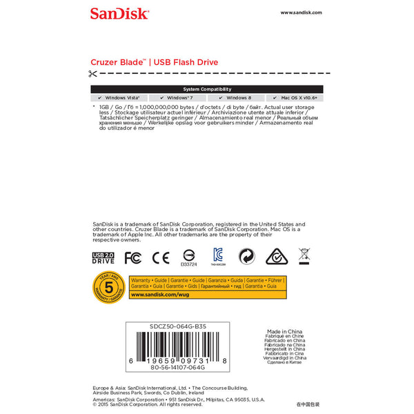 Pendrive SanDisk SDCZ50-064G-B35 64 GB Schwarz
