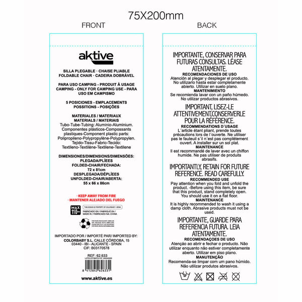 Klappstuhl mit Kopfstütze Aktive Blau 55 x 86 x 66 cm (2 Stück)