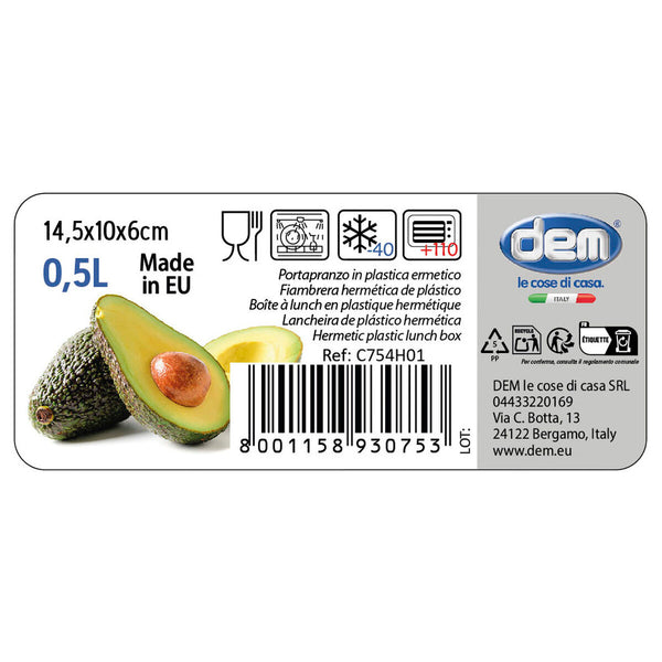 Rechteckige Lunchbox mit Deckel Dem 39582 rechteckig 14,5 x 10 x 6 cm (24 Stück) (0,5 L) (14,5 x 10 x 6 cm)