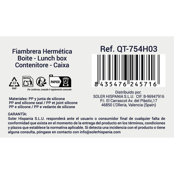 Lunchbox hermetisch Quttin 1,6 L rechteckig 15 x 10 x 18 cm (12 Stück)