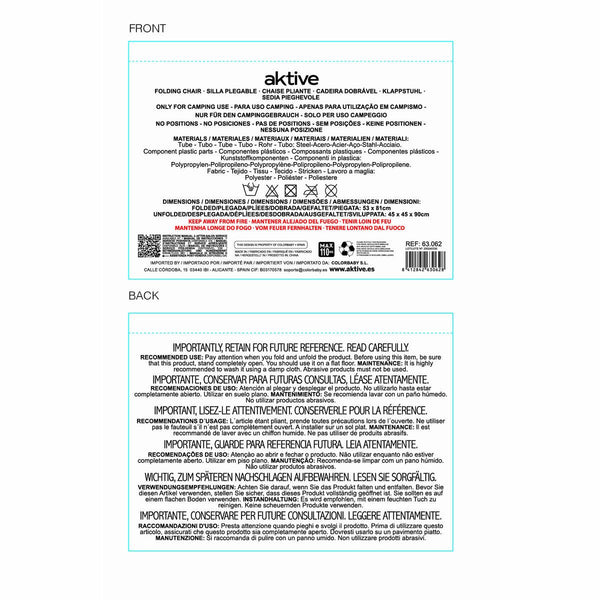 Camping Klappstuhl Aktive 44 x 88 x 44 cm (4 Stück)