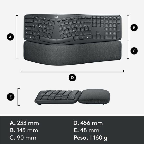 Tastatur Logitech Ergo K860 Schwarz Grau Graphit Qwerty Spanisch