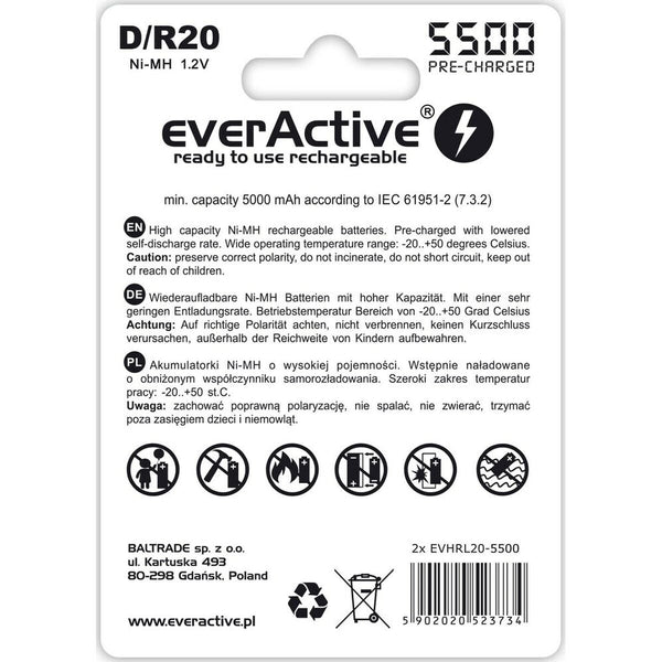 Wiederaufladbare Batterie EverActive EVHRL20-5500 5000 mAh 1,2 V (2 Stück)