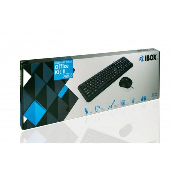 Tastatur mit Maus Ibox OFFICE KIT II Schwarz Schwarzweiß Englisch QWERTY