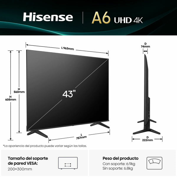 Smart TV Hisense 43A6Q 43" 4K Ultra HD LED HDR D-LED