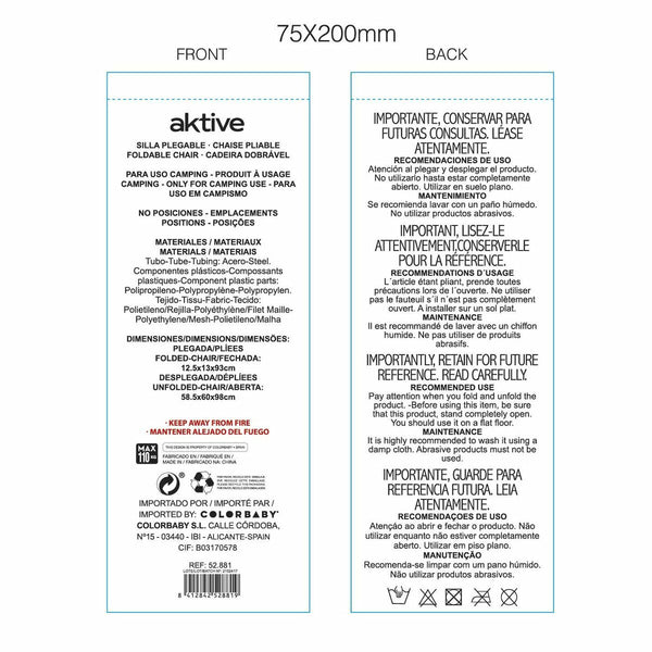 Gepolsterte Campingstuhl Aktive 57 x 60 x 97 cm Blau