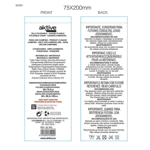 Gepolsterte Campingstuhl Aktive 49 x 59 x 105 cm