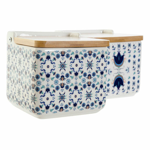 Salzstreuer mit Deckel DKD Home Decor Kachel Blau Weiß Bambus Dolomite (12.5 x 12.5 x 12 cm) (2 pcs)
