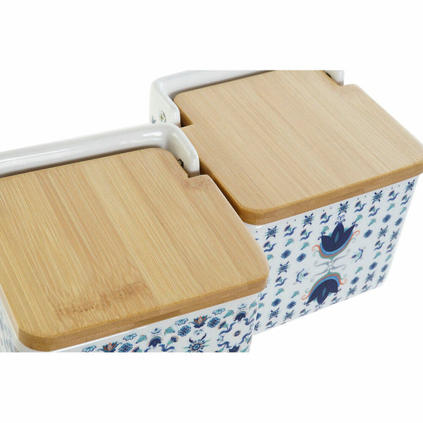 Salzstreuer mit Deckel DKD Home Decor Kachel Blau Weiß Bambus Dolomite (12.5 x 12.5 x 12 cm) (2 pcs)