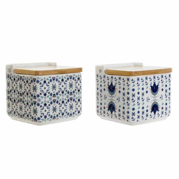 Salzstreuer mit Deckel DKD Home Decor Kachel Blau Weiß Bambus Dolomite (12.5 x 12.5 x 12 cm) (2 pcs)