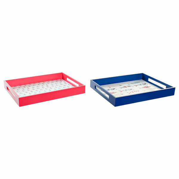 Tablett für Snacks DKD Home Decor Blau Koralle Holz MDF Mediterraner 40 x 30 x 5 cm (2 Stück)