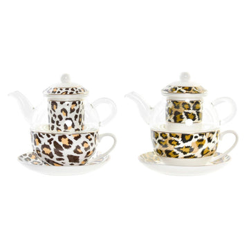 Teekanne DKD Home Decor Leopard Kristall Porzellan Braun Durchsichtig Weiß (2 Stück)