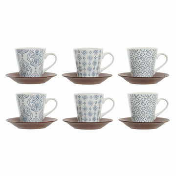 Satz von Kaffeetassen DKD Home Decor Blau Weiß Braun Kautschukholz Steingut 150 ml