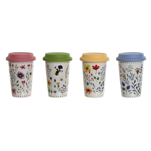 Tasse mit Deckel DKD Home Decor Bunt Blomster 400 ml (4 Stück)