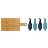 Satz für Appetithäppchen Home ESPRIT Blau grün Marineblau Bambus Porzellan Mediterraner Fische 36 x 18 x 1,3 cm 5 Stücke