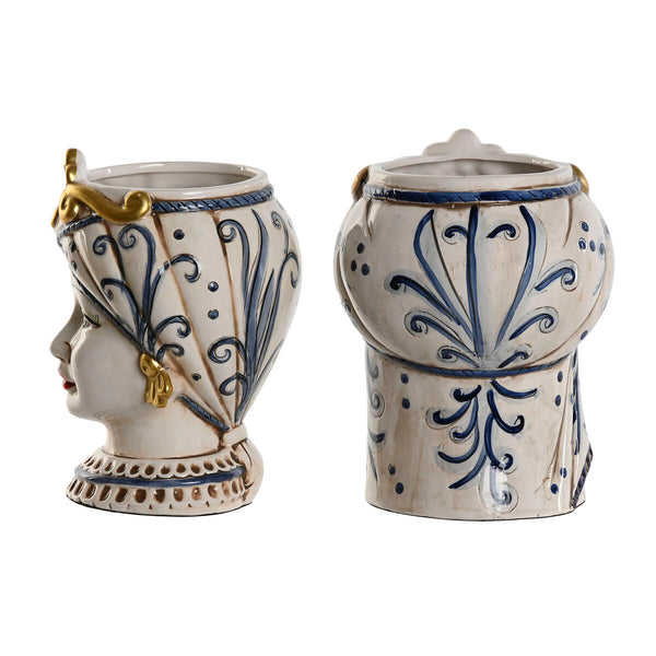 Blumentopf Home ESPRIT Blau Weiß Gold Porzellan 15 x 15 x 26 cm (2 Stück)