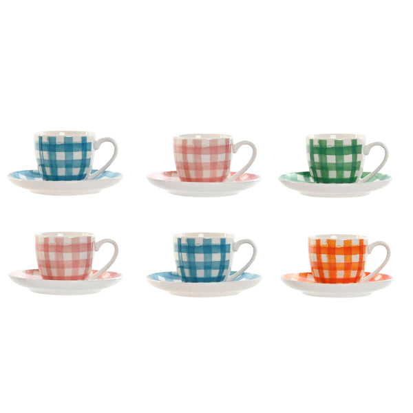 Set aus 6 Teetassen mit Teller Home ESPRIT Blau Weiß grün Orange Rosa Porzellan Streifen Mediterraner 90 ml