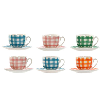 Set aus 6 Teetassen mit Teller Home ESPRIT Blau grün Orange Rosa Porzellan Streifen Mediterraner 240 ml