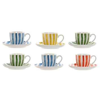 Set aus 6 Teetassen mit Teller Home ESPRIT Gelb Blau grün Koralle Porzellan Streifen Mediterraner 90 ml