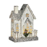 Deko-Figur Weihnachten Glitzernd LED Leicht Haus 24,5 x 32 x 12 cm Grau Holz Weiß