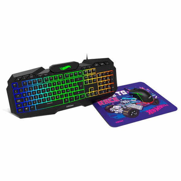 Tastatur und Gaming Maus Krom HOTWHEELS Qwerty Spanisch Blau Schwarz