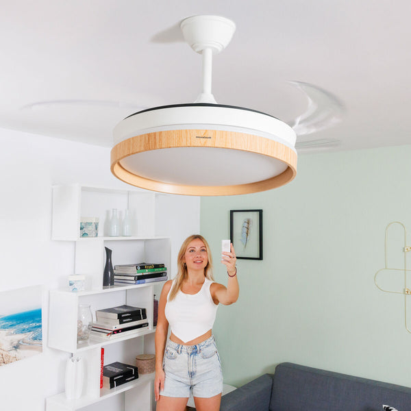 Deckenventilator mit LED-Licht und 4 einklappbaren Flügeln Woteez InnovaGoods Holz 72 W Ø49-104 cm