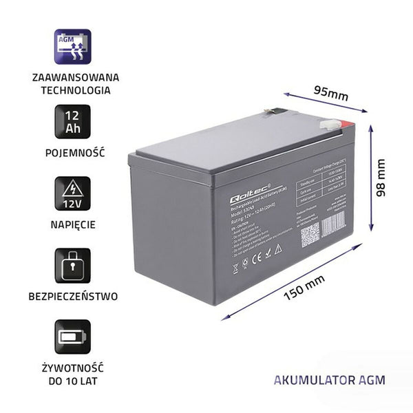 Batterie für Unterbrechungsfreies Stromversorgungssystem USV Qoltec 53049 12 Ah 12 V