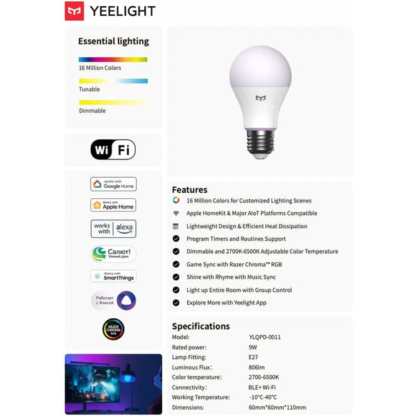 Smart Glühbirne Yeelight YLQPD-0011 Weiß Bunt F 9 W E27 806 lm (2700 K) (6500 K)